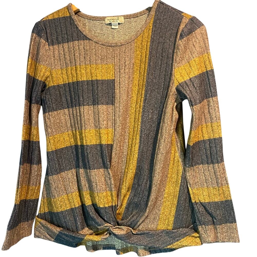 One World Small Knit Top Mustard Tan Charcoal Striped Knot Waist Knit